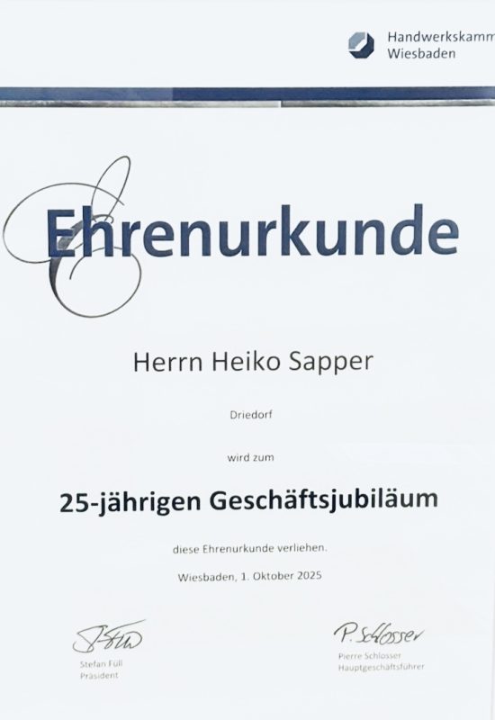 Ehrenurkunde Heiko Sapper
